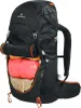 A black outdoor backpack with orange accents, showing internal contents. Produktbild-Vorschau
