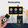A hand holding a small receiver device, with a larger transmitter device shown next to it. A graphic overlay highlights product features. Produktbild-Vorschau