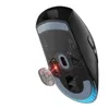 The underside of a black wireless gaming mouse with a red laser sensor highlighted. Produktbild-Vorschau