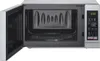 An open microwave oven with its interior visible, showing the turntable and the control panel with a digital display. Produktbild-Vorschau