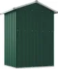 A dark green metal shed with a gray roof, shown from a three-quarter angle against a white background. Produktbild-Vorschau