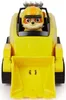 A front view of a yellow toy bulldozer with a cartoon dog character driving it. Náhled obrázku produktu