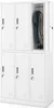 A tall, white metal locker with six compartments. One compartment on the top right is open, revealing hanging clothes and a pair of shoes. Náhľad obrázku produktu