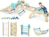 A collage of images showing a wooden indoor climbing structure for children, with various components and accessories. Podgląd zdjęcia produktu