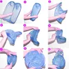 A collage of 9 images showing the steps to fold a blue mesh laundry basket. Produktbild-Vorschau