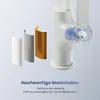 A close-up view of a faucet with material samples shown next to it, and text describing its features. Podgląd zdjęcia produktu