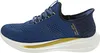 A side view of a blue Skechers slip-in sneaker with gold accents and a white sole. Voir les images du produit