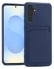 A dark blue phone case with a card slot is shown next to a smartphone. Produktbild-Vorschau