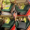 Collage of images showing a green car seat cover for dogs in different configurations inside a car. Náhľad obrázku produktu