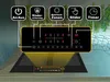 A digital graphic overlaid on a product image showing a stovetop with various control icons and text labels pointing to different functions. Produktbild-Vorschau