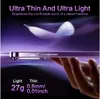 A hand holding a thin, purple electronic device against a purple, gradient background with a feather graphic. Produktbild-Vorschau