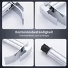 A collage of four close-up images of a chrome faucet, with text in the center. Produktbild-Vorschau