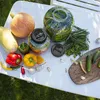 A collection of vegetables and jars on a white table outdoors. Produktbild-Vorschau