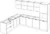 A wireframe illustration of a modular kitchen setup. Produktbild-Vorschau