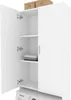 A white cabinet with two doors, one open, showing shelves and folded laundry. Two wooden boxes are on top of the cabinet. Produktbild-Vorschau