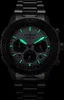 A close-up, illuminated shot of a Citizen Eco-Drive chronograph watch against a black background. Podgląd zdjęcia produktu
