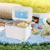 A picnic scene with a cooler box filled with food and drinks, set on a striped blanket in a grassy area. Podgląd zdjęcia produktu