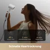 A woman is using a white hairdryer on her hair, with text overlays indicating drying times for different hair lengths. Produktbild-Vorschau