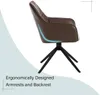 A side profile of a brown upholstered swivel chair with a black base, set against a white and light cyan background. Text indicates ergonomic design. Produktbild-Vorschau