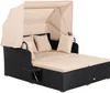 A black rattan daybed with a beige canopy, cushions, and pillows, shown against a white background. Voir les images du produit