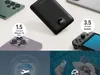 A collage of images showing a power bank charging various devices, including iPhones and a Nintendo Switch, with lifestyle shots of travel and relaxation. Produktbild-Vorschau
