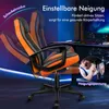 A gaming chair is shown in a dynamic pose, with text overlays highlighting its features and a small inset image showing a person adjusting the chair. Produktbild-Vorschau