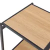 A close-up view of a shelf with a wood-grain surface and a black metal frame. Náhled obrázku produktu