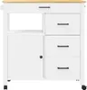 A white kitchen cart with a wooden top and black handles is shown against a white background. Náhled obrázku produktu