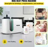 A mug heat press machine is shown with accompanying mugs and lifestyle images of gift-giving and enjoying a hot beverage. Podgląd zdjęcia produktu