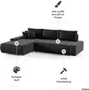 A black sectional sofa with callouts highlighting its features. Náhled obrázku produktu