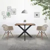 A dining set with a wooden table and two chairs in a room with artwork on the wall. Podgląd zdjęcia produktu