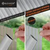 A split image showing two sides of a fence or screen material. The left side shows a beige material that is described as brittle and not UV-resistant. The right side shows a gray material that is described as stable and UV-resistant, with a diagram illustr Produktbild-Vorschau