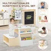 A child is sitting at a multi-functional art table and chair set, with various activities shown in circular insets. Produktbild-Vorschau