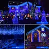 A collage of three images showing blue Christmas lights decorating a house and yard, a porch roof, and stairs. Produktbild-Vorschau