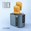 A blue toaster with two slices of toast in it, against a light blue and white gradient background. Voir les images du produit