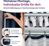 A collage of images showing how to install curtains, with text overlays describing features. Produktbild-Vorschau