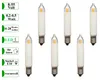 Six LED filament candle bulbs are arranged on a white background, with informational text boxes on the left side. Produktbild-Vorschau