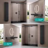 Two split images showing a modern bathroom with a black shower enclosure, sink, and radiator. Produktbild-Vorschau