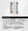 A diagram showing a black heated towel rack with dimensions and specifications below. Podgląd zdjęcia produktu