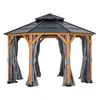 A gazebo with wooden posts and gray curtains, set against a white background. Náhled obrázku produktu