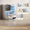 A collage of images showing the features of a robot vacuum cleaner and its charging station. Produktbild-Vorschau