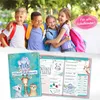 Four children are hugging and smiling, with a notebook open below them. The notebook has animal illustrations and text. Produktbild-Vorschau