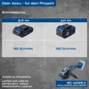 Marketing image showing battery performance for a cordless angle grinder. Produktbild-Vorschau
