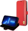 A red Ferrari branded iPhone 13 mini flip case is shown with the phone inserted and open, displaying its screen. Voir les images du produit
