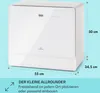 A white mini dishwasher with dimensions indicated by text and lines. Produktbild-Vorschau