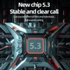Close-up of a futuristic-looking electronic component with glowing red accents and a screen displaying '5.3'. Text overlays highlight features like 'New chip 5.3', 'Stable and clear call', and 'Live sound effect of film and television, full sound curling'. Produktbild-Vorschau