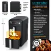 A product shot of a black air fryer with dimensions and feature callouts, alongside a separate image of cooked chicken. Produktbild-Vorschau