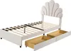 A beige upholstered twin bed frame with a scalloped headboard and two pull-out drawers underneath, shown against a white background. Produktbild-Vorschau