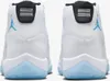 The back view of two white Nike Air Jordan 11 Retro sneakers with light blue soles and accents. Produktbild-Vorschau