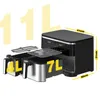 A black and silver dual-chamber air fryer is shown with dimensions and capacity labels. Produktbild-Vorschau